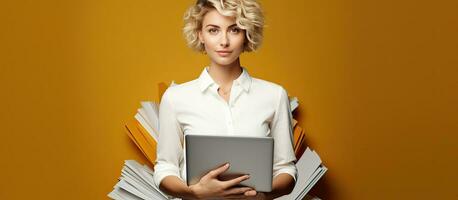 Blonde woman with short hair holding work notebooks and a laptop in a white shirt and jeans against a blank space Business idea photo