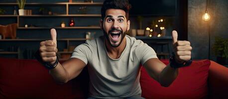 emocionado Hispano hombre jugando vídeo juego en sofá gesticulando con abierto palmas y sonriente exhibiendo anuncio foto