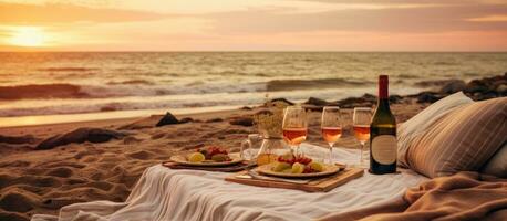 Copy space available for a tender moment as a happy couple enjoys a romantic beach picnic with wine photo