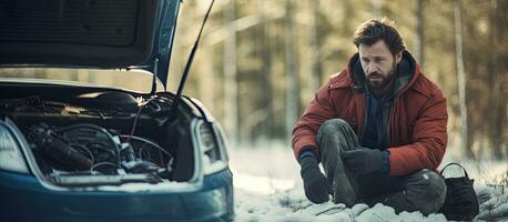 caucásico hombre en Nevado bosque con roto abajo coche vocación mecánico vacío la carretera foto