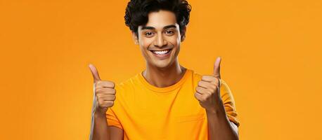 The attractive Indian man is happily posing and showing a thumbs up isolated on an orange backdrop for advertisement photo