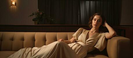 Stylish woman in light dress lounging on brown couch gazing at camera Spacious room in designer apartment photo