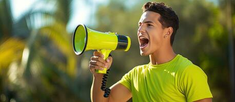 Young Hispanic man with green T shirt using megaphone on yellow background photo