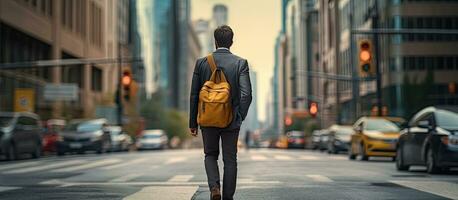 un Hispano hombre en formal atuendo y mochila cruce urbano calle con disponible zona para texto foto