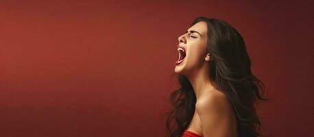 Angry young woman hand by mouth shouting near blank area photo