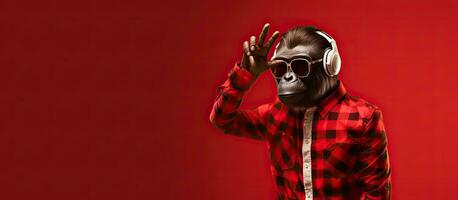 Person in chimpanzee mask and checkered shirt with headphones pointing at blank area on red backdrop photo