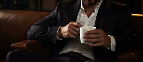 A Caucasian man in a suit with facial hair holding a cup of coffee in a hotel room for a break before or after work photo