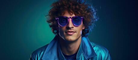 Close up portrait of a stylish young man in black attire sporting glasses and curly hair against a blue background adorned with mixed neon lights embodyin photo