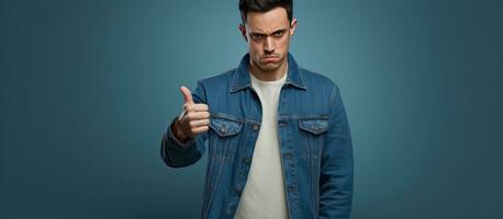 Displeased young American man wearing denim jacket on blue background with room for text photo