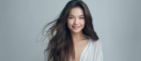 Close up of a charming woman with beautiful long hair wearing a nightgown gazing at the camera on a gray background photo