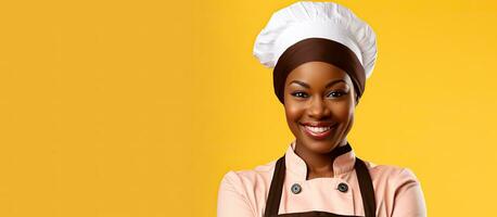 sonriente africano americano hembra cocinero participación horno guante en contra amarillo antecedentes foto