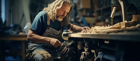 Senior craftsman building leg prosthetics in workshop and screwing joints viewed from the side photo