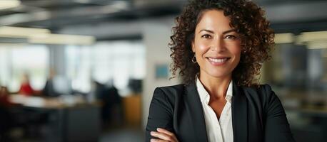 Middle aged Latina businesswoman confident and attractive standing in an office setting with crossed arms smiling at the camera photo