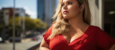 Serious young plus size Latina woman in red outdoors in Puerto Madero Buenos Aires gazing into the distance with hand on chin photo