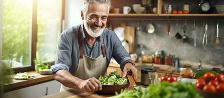 Smiling elderly man cooking at home adding salt to salad posing in kitchen with copy space photo