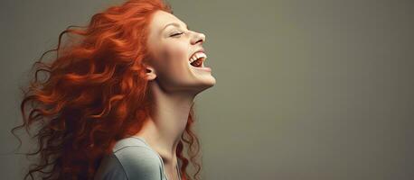 emocionado rojo peludo mujer gritando y alcanzando hacia vacío espacio foto