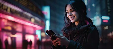 contento mujer con teléfono inteligente en neón iluminado ciudad calle destino o mensajes de texto en social medios de comunicación foto