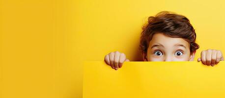 Child happily holding yellow paper space for ad photo