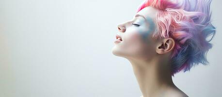 Colorful haired woman portrait suited for prosthetics in orthology clinic blank area photo