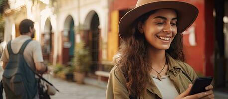 Smiling Latin woman traveler using phone app to control digital camera outdoors technology concept photo