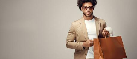 joven hombre con Rizado pelo compras que lleva pantalones en neutral antecedentes nuevo colección o ventas Bosquejo foto