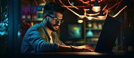 Middle Eastern man with glasses using computer in illuminated booth with space for text photo