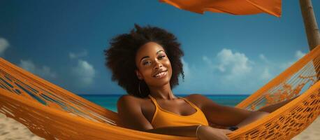 African American woman on hammock anguilla independence day beach vacations nature celebration freedom and identity concept photo