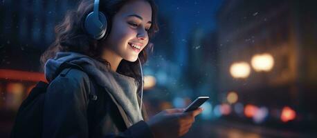 Nighttime city stroll Lady happily walks earphones in smartphone in hand Smiling looking around space for text photo