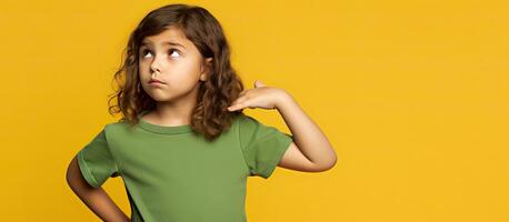 Thoughtful Caucasian girl wearing green T shirt over yellow background looking puzzled and irritated with open hand indicating empty space and pointing to photo