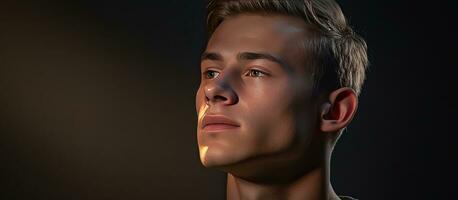 Close up portrait of young man in a studio gazing at empty space photo