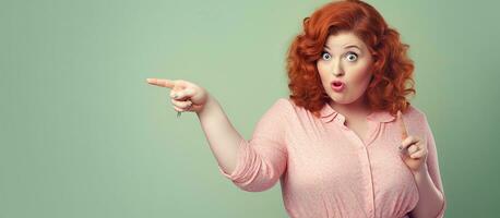 Red haired woman in casual clothes points to empty space on green background photo