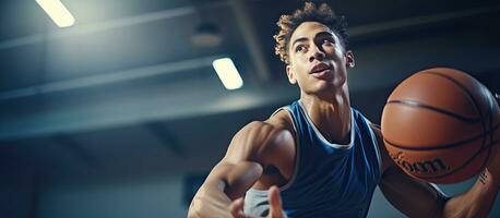 birracial masculino baloncesto jugador en azul Deportes atuendo disparo aros a el gimnasio deporte actividad y estilo de vida sin alterar Copiar espacio disponible foto