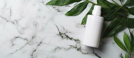 Eco friendly CBD lotion mockup with organic skincare product on marble table alongside green cannabis leaves photo