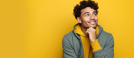 Amused and satisfied young Latino man holds copy space on palm against a yellow studio background photo