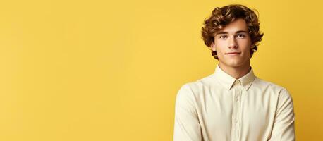 Young white student on yellow background with empty space photo