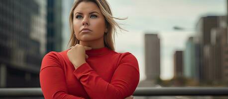 Serious young plus size Latina woman in red outdoors in Puerto Madero Buenos Aires gazing into the distance with hand on chin photo