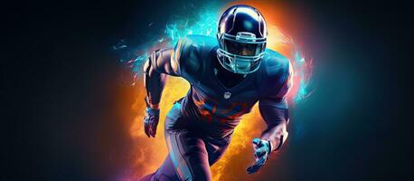 Neon colored banner featuring an active American football player Ideal for betting ads photo