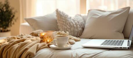 Businesswomen working on laptop and drinking coffee on white bed in bedroom conveying a relaxed mood in the winter season Lifestyle concept with space for photo