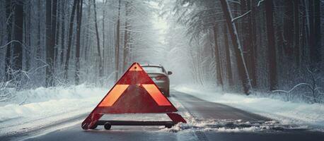 Red triangle on snowy forest road Broken down car with spare tire Horizontal web banner photo