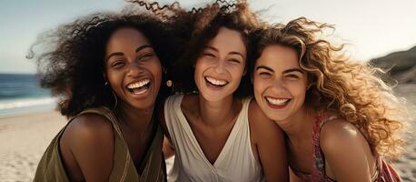 Multiracial ladies happily spending time together at the beach enjoying their vacation by the ocean photo
