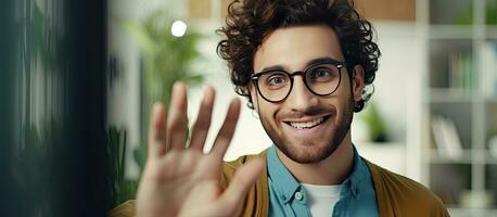 Young Middle Eastern man with glasses waving at camera during online meeting in modern office room for text photo