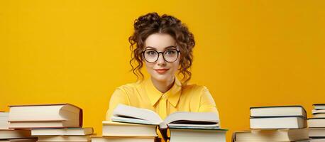 Bookish female student posing alone against yellow backdrop with room to add text photo