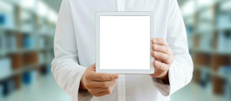 Scientist s hand holds blank tablet for close up photo