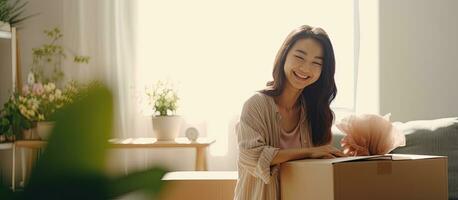 Woman with short hair happily unpacking in cozy bedroom of new home with window and empty space photo