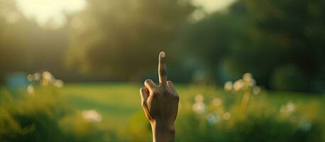 Biracial man s hand showing peace sign on grass background emphasizing peace and anti war movement photo