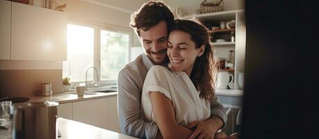 Couple hugging in kitchen while man works on laptop at home empty area for text photo