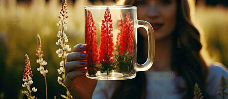 Red lupine flower in glass mug with girl in nature photo