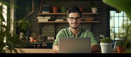 Happy freelancer man enjoying remote work and self employment smiling at camera photo