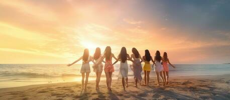 Diverse women in swimwear enjoying beach sunset making summer memories photo