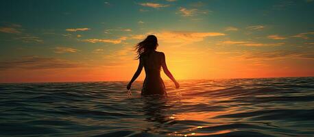 mujer s figura en playa a puesta de sol con vacío espacio foto